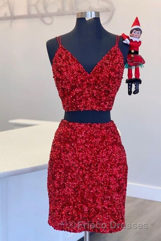 Two Piece Blue Sequins Tight Homecoming Dress
