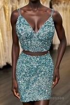 Two Piece Blue Sequins Tight Homecoming Dress