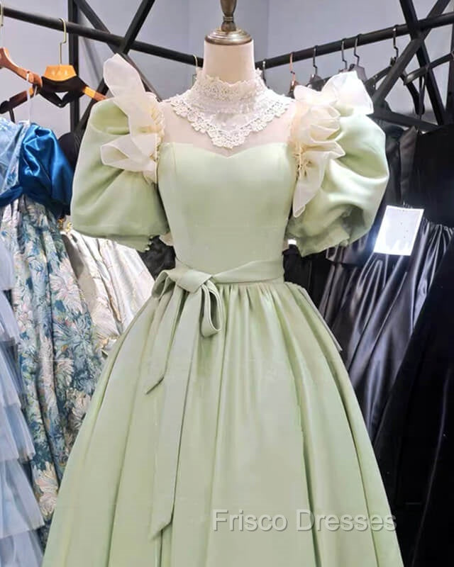 80S Style Puffy Sleeve Lace High Neck Midi Dress Secondary image