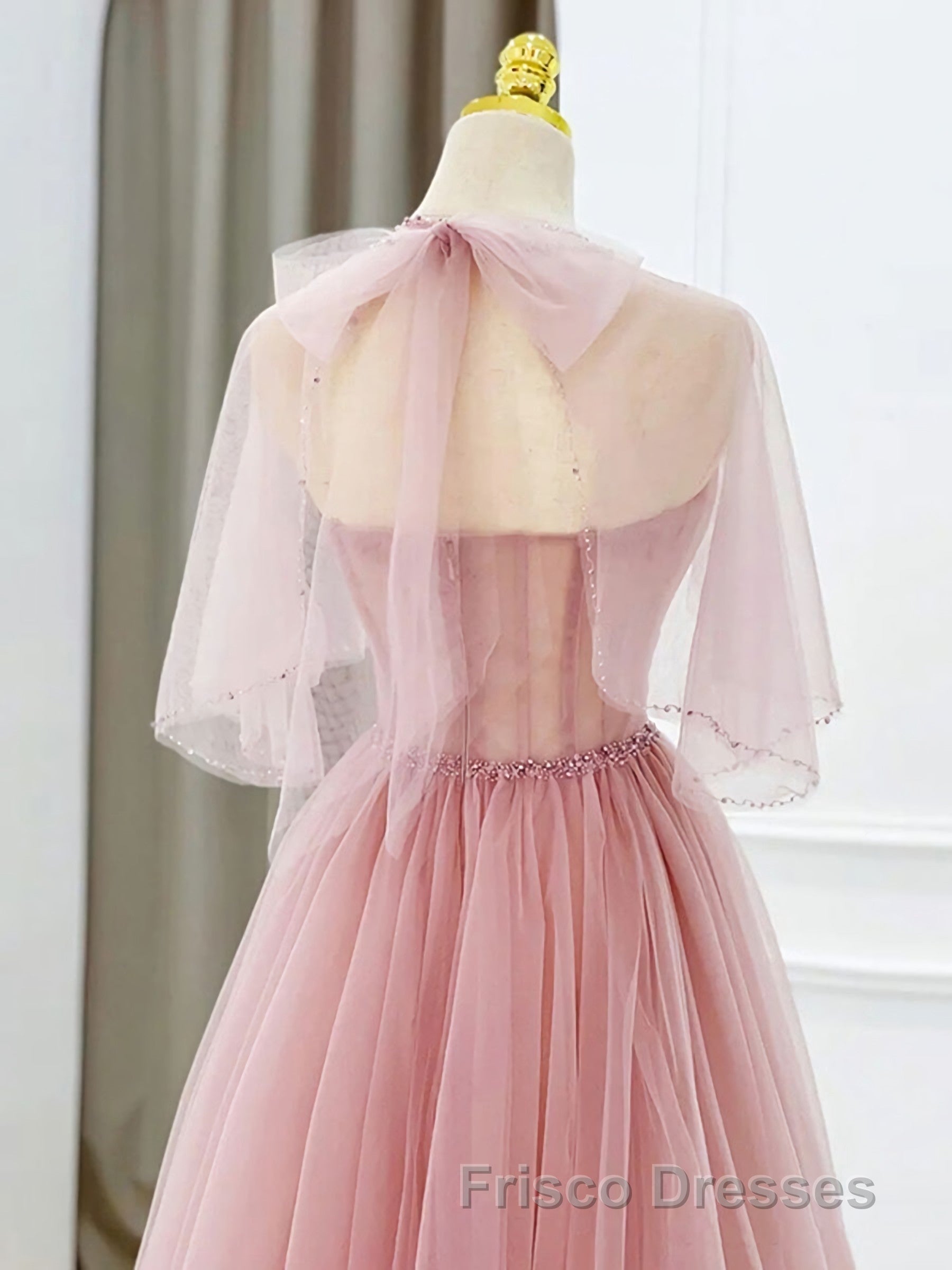 Pink Tulle Tea Length Formal Prom Dress, Pink Tulle Formal Prom Dress