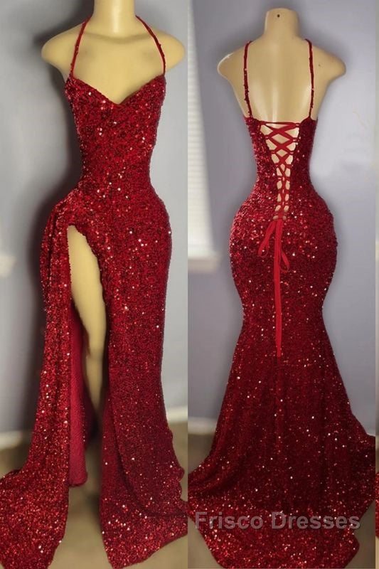 Red Sequins Formal Prom Dress with Slit Shiny Floor-Length Party Dress Secondary image