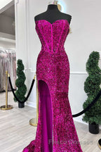Fuchsia Sequin Strapless Mermaid Long Formal Prom Dress with Slit