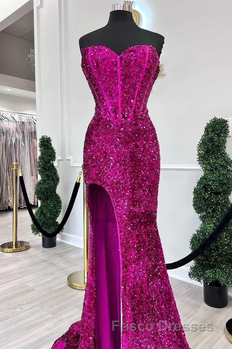 Fuchsia Sequin Strapless Mermaid Long Formal Prom Dress with Slit