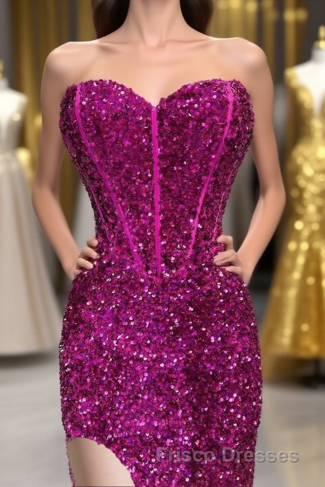 Fuchsia Sequin Strapless Mermaid Long Formal Prom Dress with Slit Main image