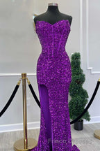 Fuchsia Sequin Strapless Mermaid Long Formal Prom Dress with Slit