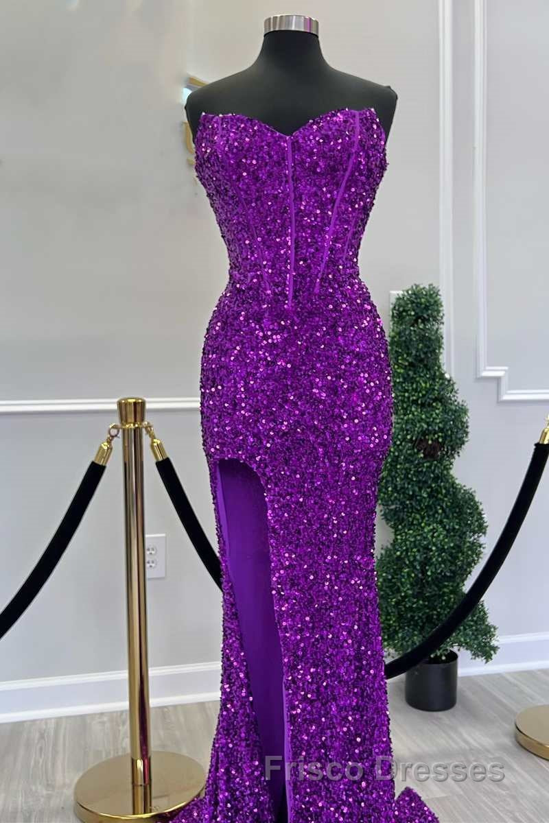 Fuchsia Sequin Strapless Mermaid Long Formal Prom Dress with Slit