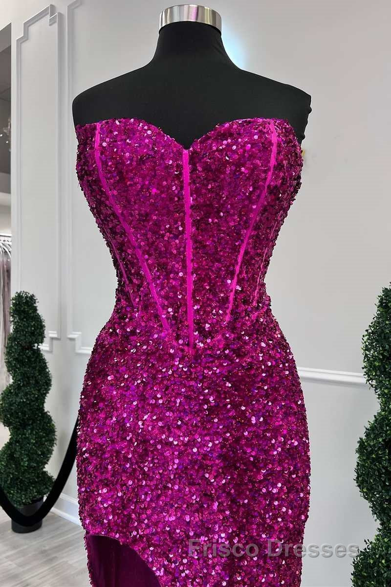Fuchsia Sequin Strapless Mermaid Long Formal Prom Dress with Slit Secondary image