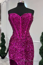 Fuchsia Sequin Strapless Mermaid Long Formal Prom Dress with Slit