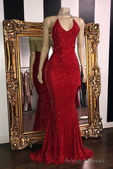Sequins Sleeveless Mermaid Long Prom Dresses Glitter New Arrival Halter Red Evening Gowns