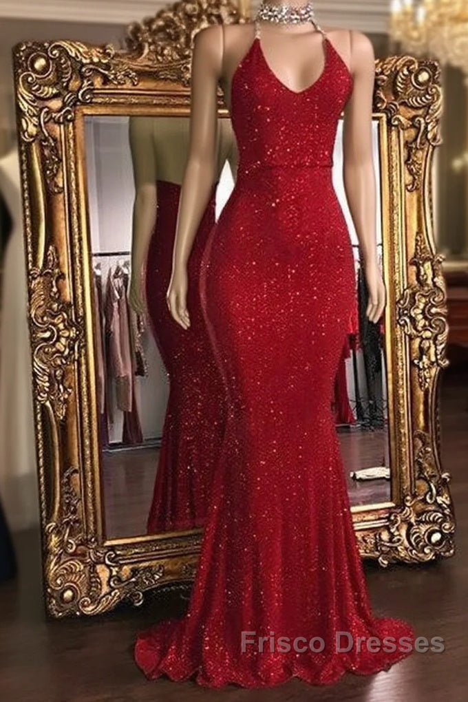 Sequins Sleeveless Mermaid Long Formal Prom Dress, Glitter New Arrival Halter Red Evening Gowns Main image