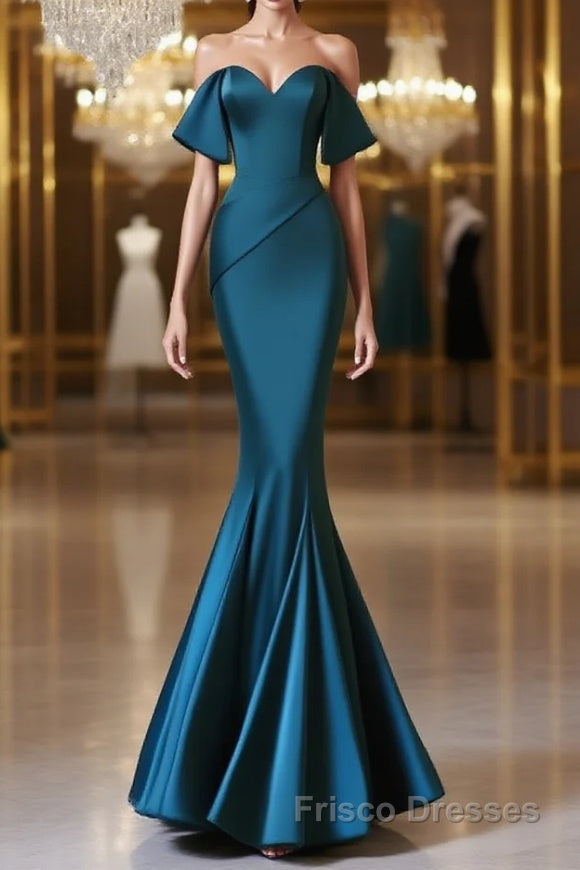 Simple Off Shoulder Satin Ink Blue Long Formal Prom Dresses, Ink Blue Long Formal Dresses Main image