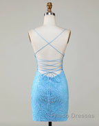 Sparkly Blue Beaded Lace Up Tight Short Homecoming Dress
