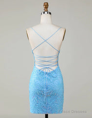 Sparkly Blue Beaded Lace Up Tight Short Homecoming Dress