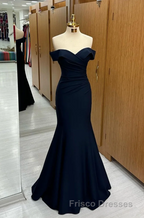 Long Navy Formal Prom Dress Mermaid Off-the-Shoulder Sweetheart Sleeveless