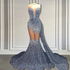 V-Neck Sequins Formal Prom Dresses Mermaid Sleeveless Crystal.