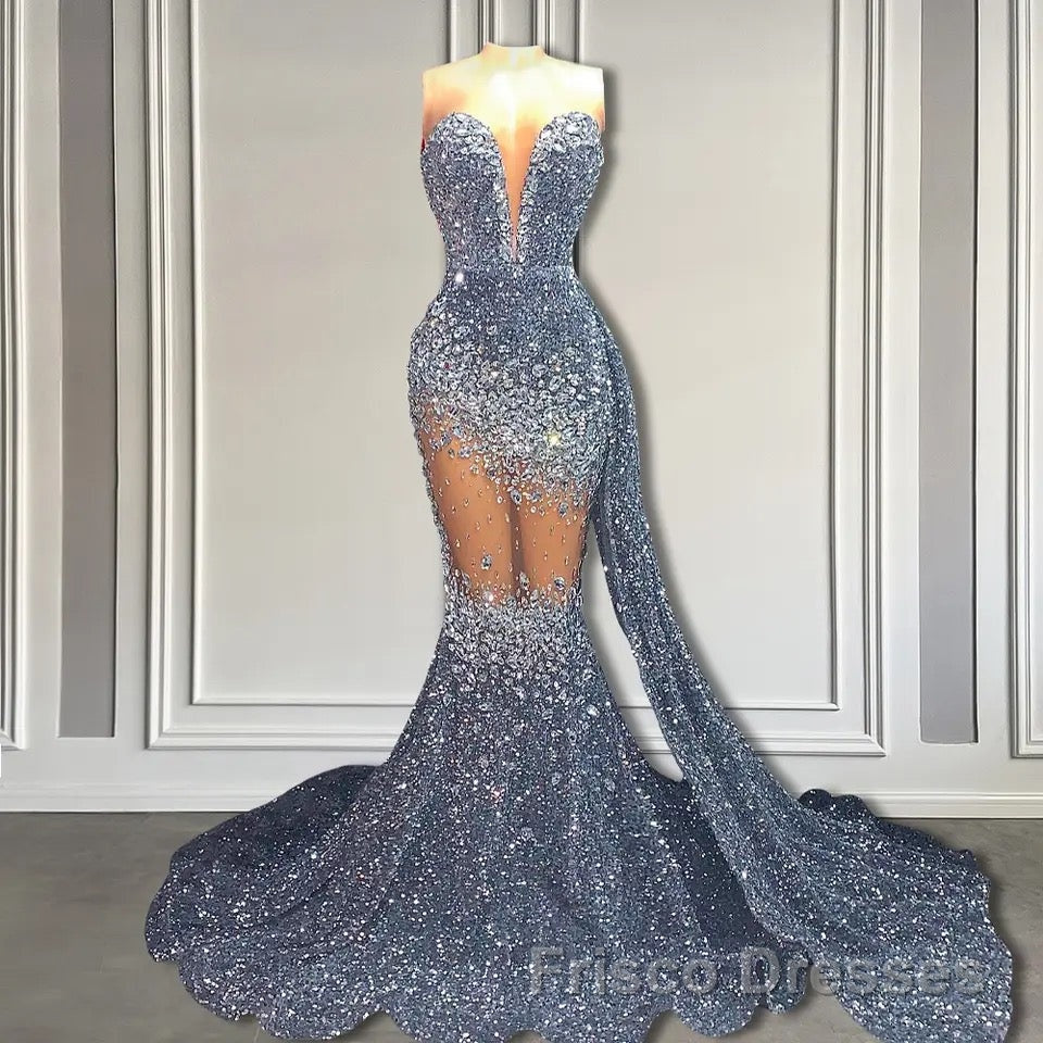 V-Neck Sequins Formal Prom Dresses Mermaid Sleeveless Crystal.