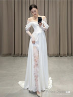 Ivory Lace Satin Wedding Dresses, Off The Shoulder Bridal Dresses