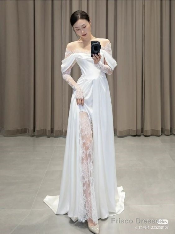 Ivory Lace Satin Wedding Dresses, Off The Shoulder Bridal Dresses