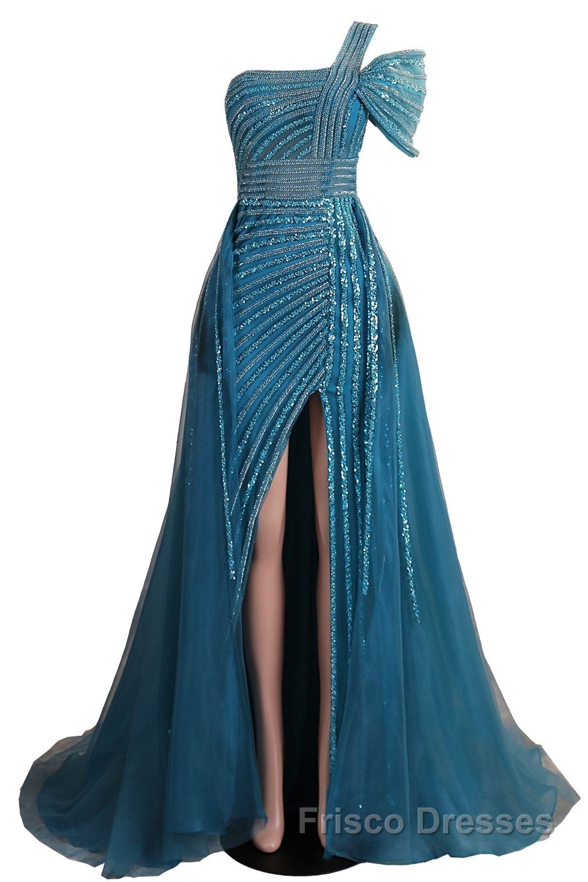 One-Shoulder Beading Sweep Train Backless Evening Dresses