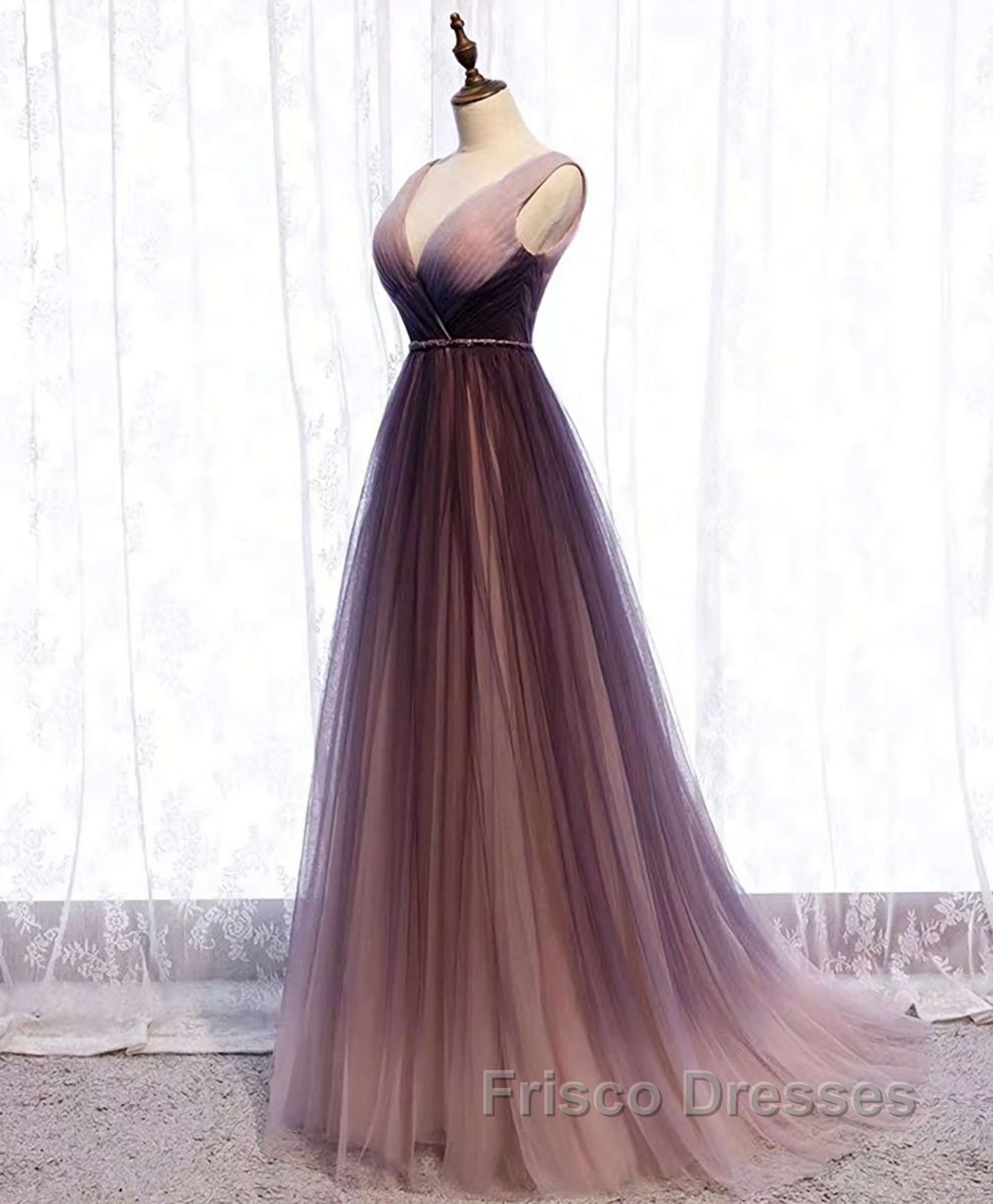 Simple V Neck Tulle Long Formal Prom Dress, Tulle Evening Dress Secondary image