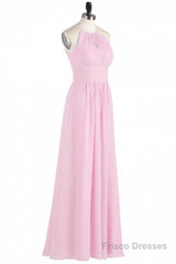 Pink Chiffon Halter Sleeveless A-Line Long Bridesmaid Dress
