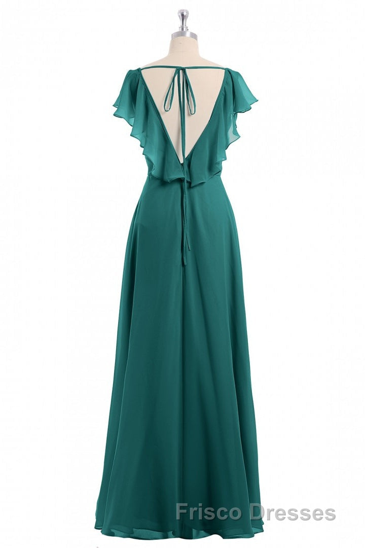 Wine Red Chiffon Backless Ruffled Sleeve Long Bridesmaid Dress