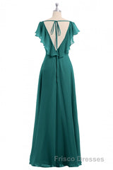 Wine Red Chiffon Backless Ruffled Sleeve Long Bridesmaid Dress