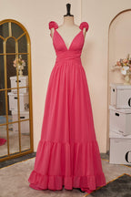 Rose Pink Ruffle Shoulder Plunging V Neck A-line Lace-Up Long Prom Dresses