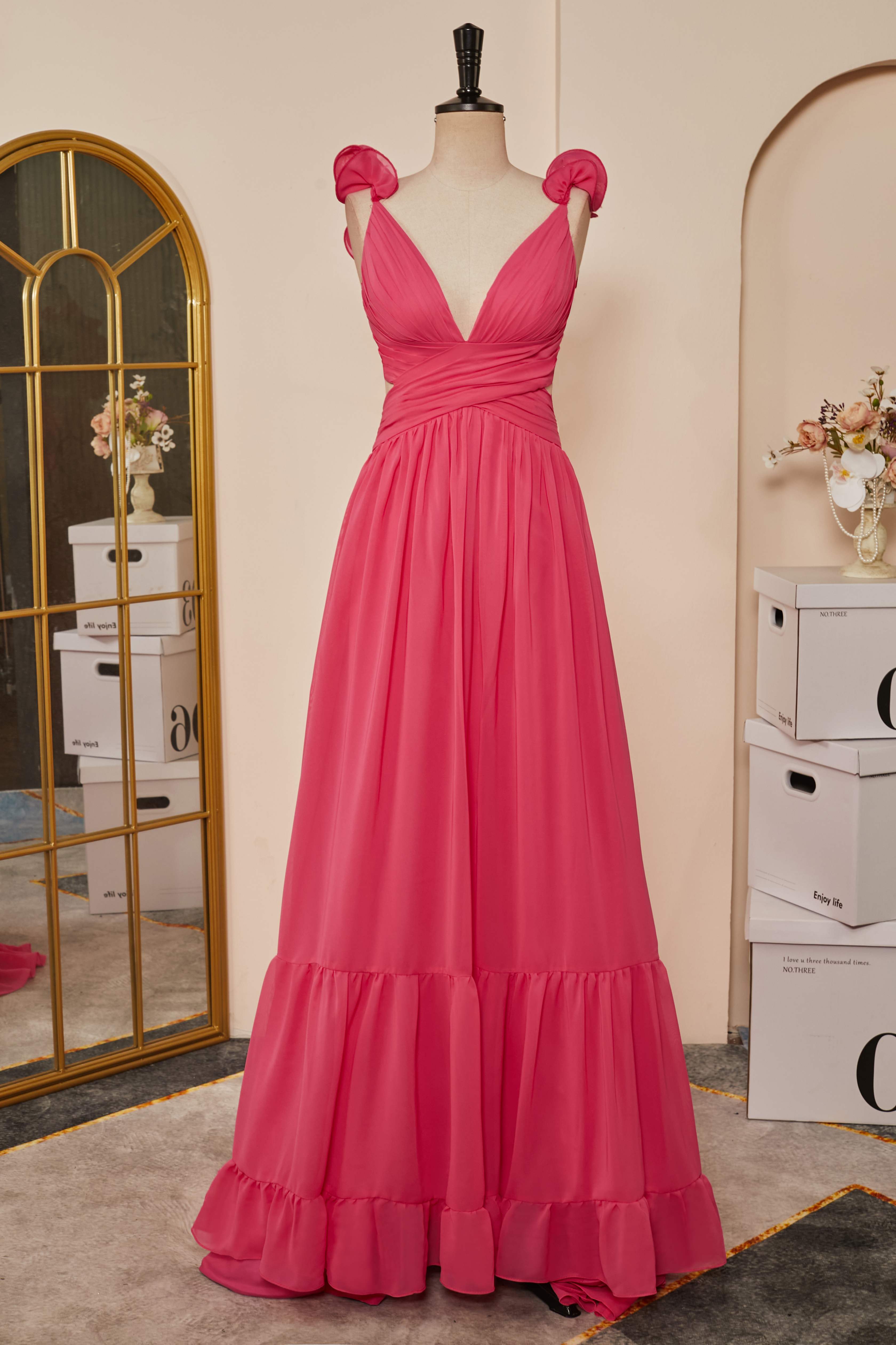 Rose Pink Ruffle Shoulder Plunging V Neck A-line Lace-Up Long Prom Dresses
