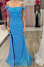 Blue Sequin Off-the-Shoulder Mermaid Long Formal Prom Dress with Slit