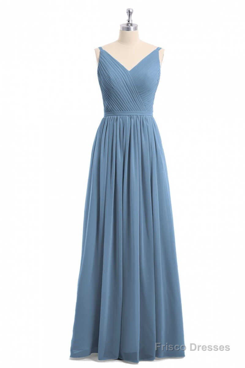 Simple Dusty Blue V-Neck Backless A-Line Long Bridesmaid Dress Main image