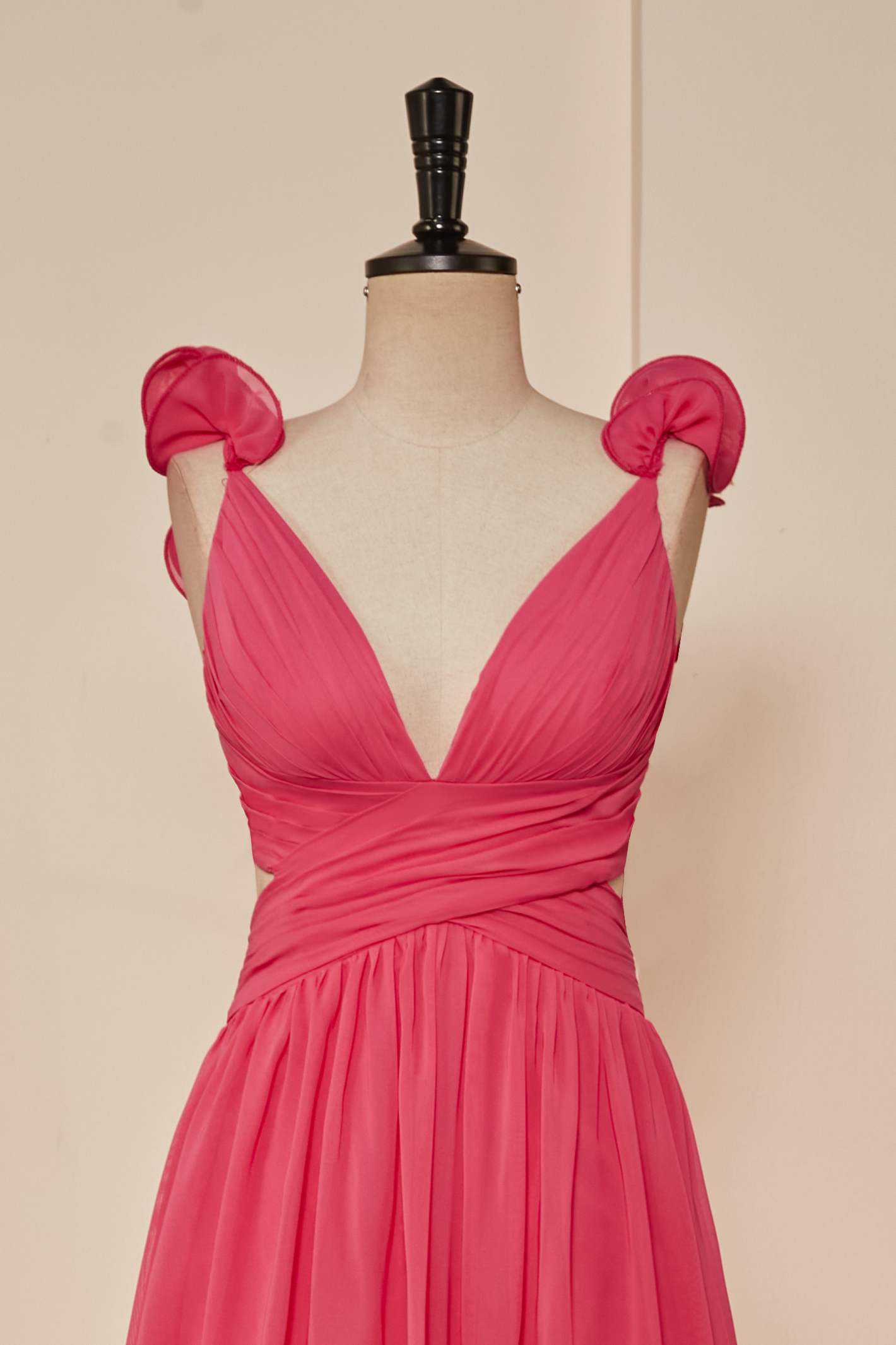 Rose Pink Ruffle Shoulder Plunging V Neck A-line Lace-Up Long Prom Dresses Main image