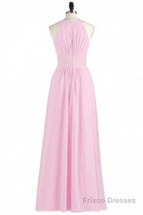 Pink Chiffon Halter Sleeveless A-Line Long Bridesmaid Dress