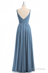 Simple Dusty Blue V-Neck Backless A-Line Long Bridesmaid Dress