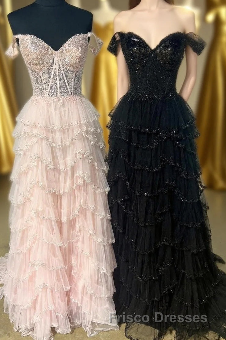 Light Pink Floral Layers Sequined Long Formal Prom Dress Main image