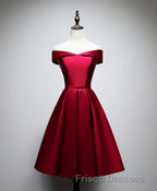 Simple Satin Burgundy Short Formal Prom Dress, Burgundy Homecoming Dress