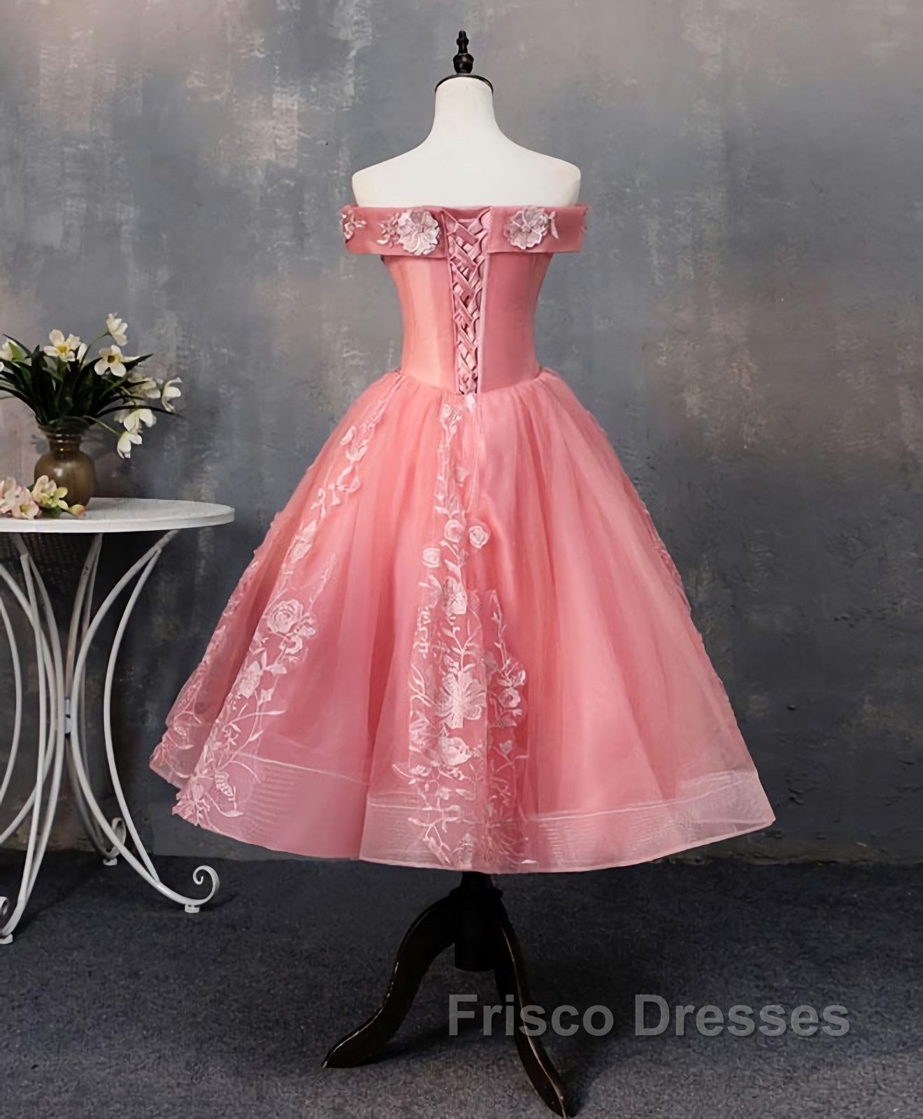 Pink Tulle Lace Off Shoulder Short Formal Prom Dress, Pink Homecoming Dress Secondary image