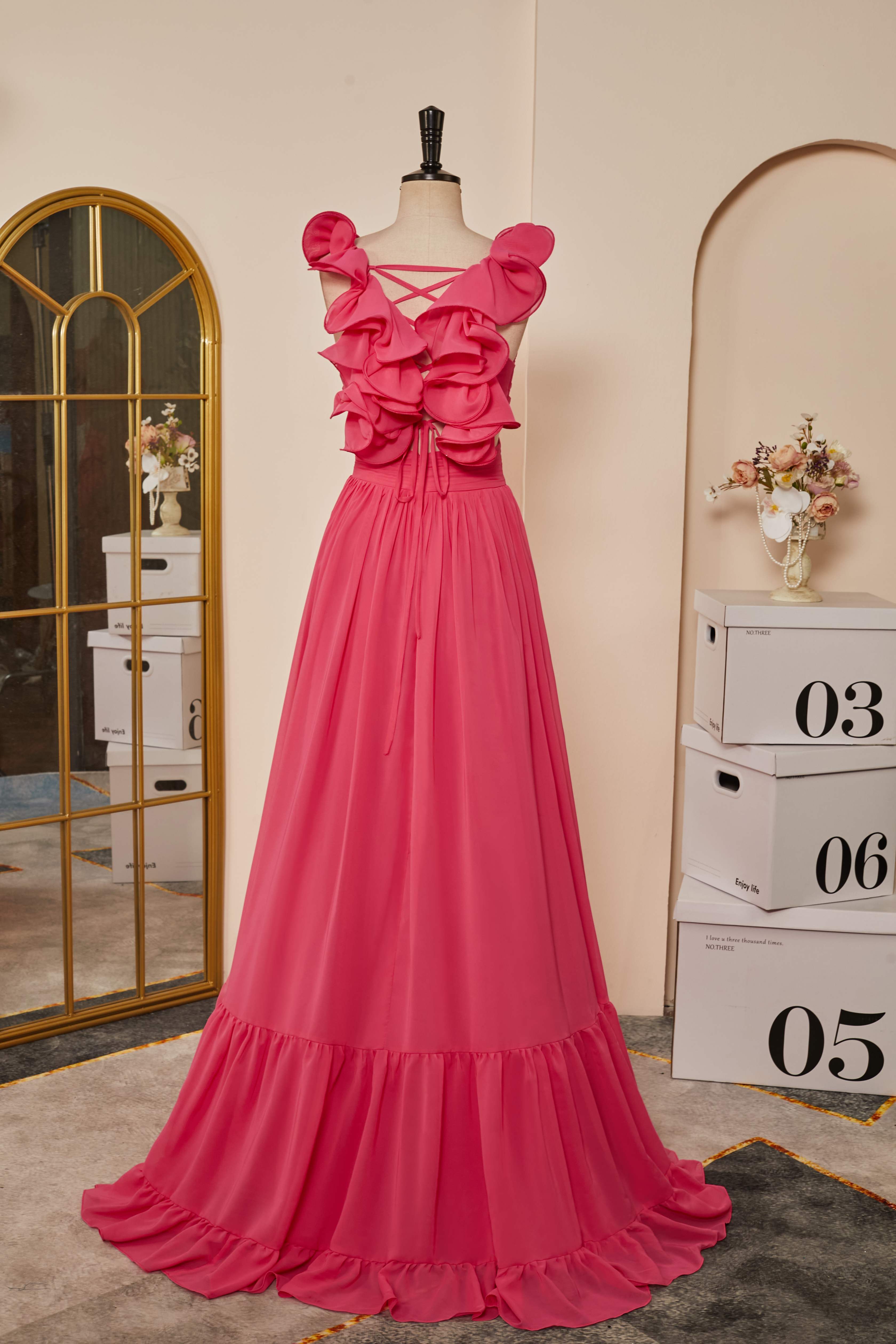 Rose Pink Ruffle Shoulder Plunging V Neck A-line Lace-Up Long Prom Dresses Secondary image