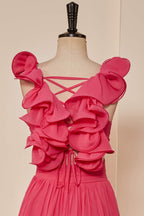 Rose Pink Ruffle Shoulder Plunging V Neck A-line Lace-Up Long Prom Dresses