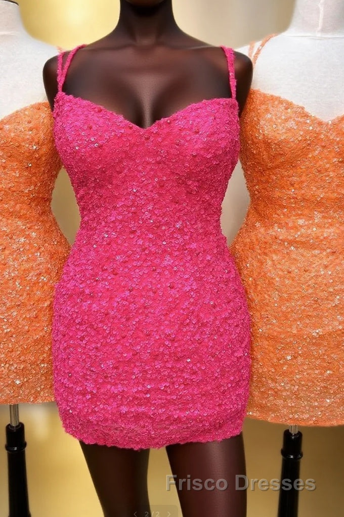 Orange Sequins Double Straps Sheath Homecoming Dress Main image