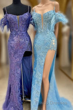 Sequin Feather Cold-Shoulder Mermaid Long Formal Prom Dress with Slit