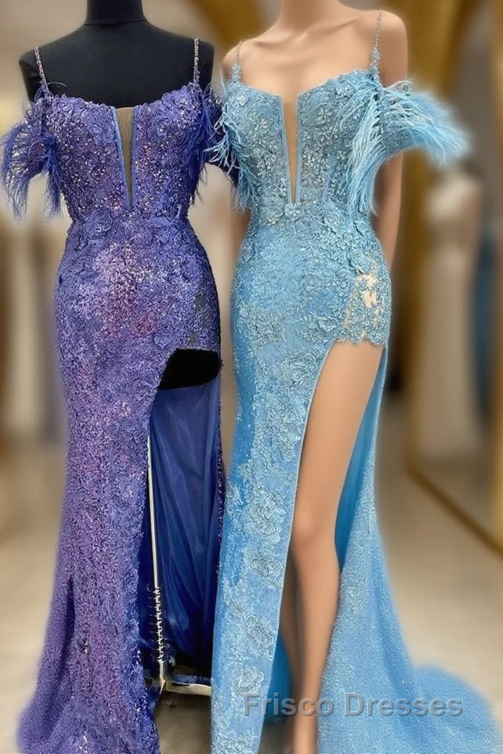 Sequin Feather Cold-Shoulder Mermaid Long Formal Prom Dress with Slit