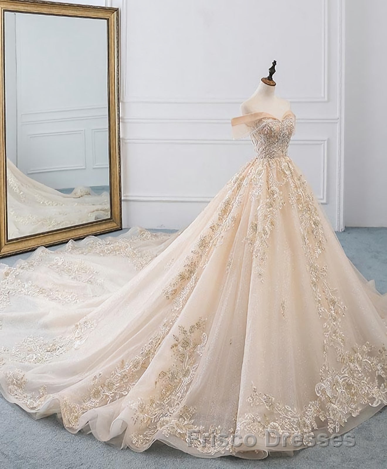 Champagne Off Shoulder Tulle Lace Long Wedding Dress, Wedding Gown