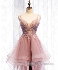 Pink Tulle Lace High Low Formal Prom Dress, Pink Homecoming Dress, 1