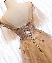 Champagne Round Neck Tulle Lace Long Formal Prom Dress, Formal Prom Dress