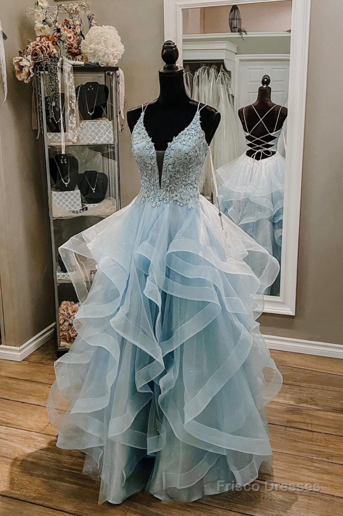 Blue V-Neck Lace Long Prom Dresses, A-Line Backless Evening Dresses Main image