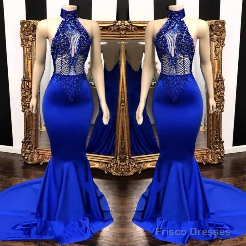 2025 High Neck Beaded Mermaid Royal Blue Prom Dresses Main image