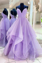 Purple V Neck Sleeveless A Line Tulle Sequin Formal Prom Dress