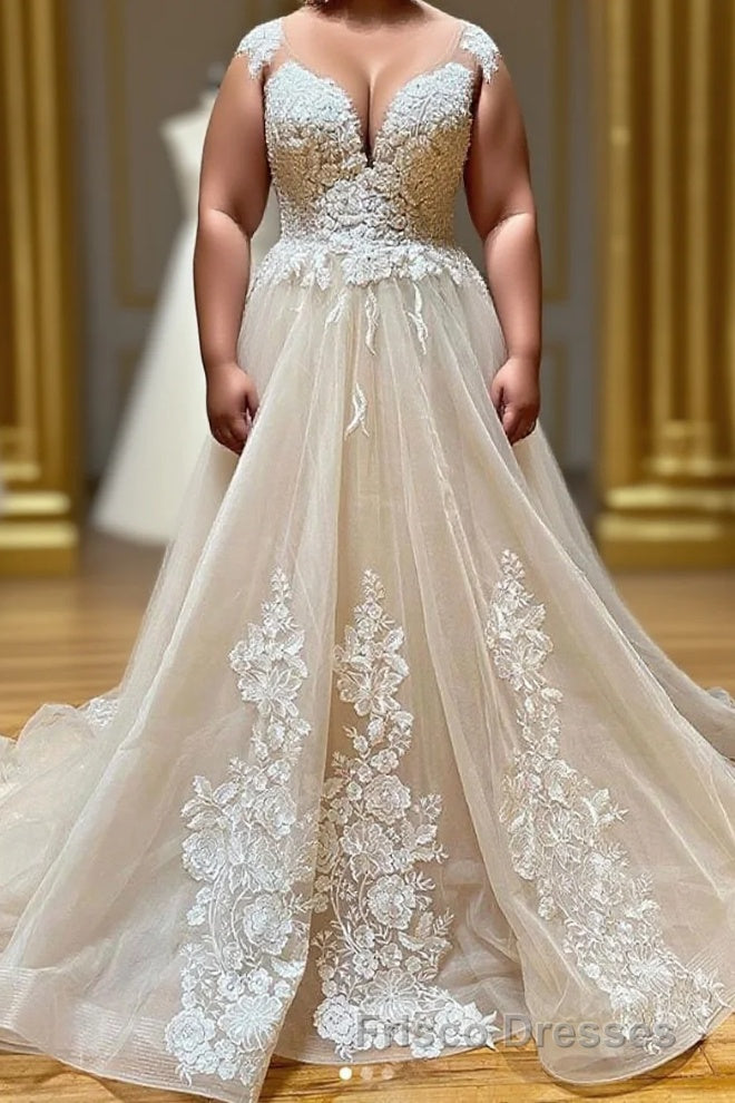 Champagne Sleeveless Round Neck Tulle Lace Long Formal Prom Dress Main image