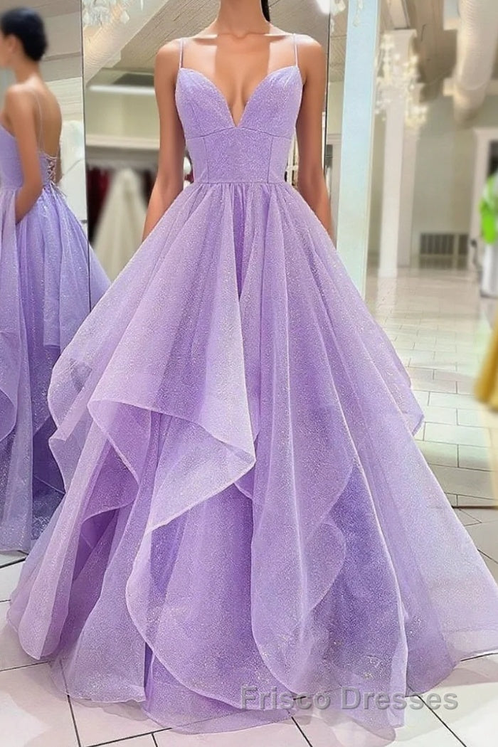 Purple V Neck Sleeveless A Line Tulle Sequin Formal Prom Dress Main image